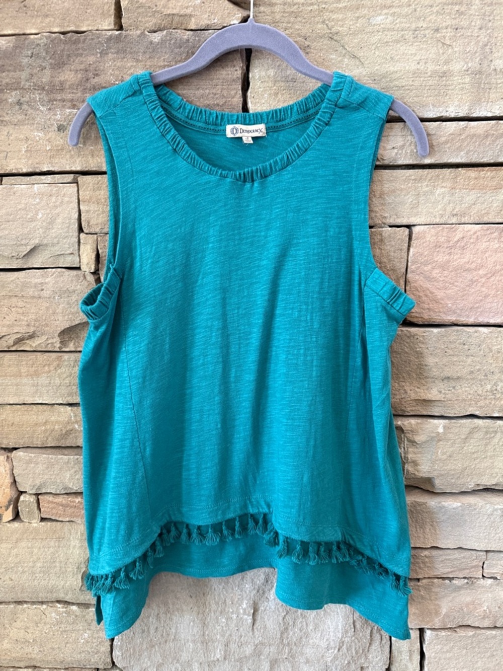 Democracy Teal Tassel-Hem Sleeveless Tank, Loose Fit, Flowy, Long, Boho Vibes